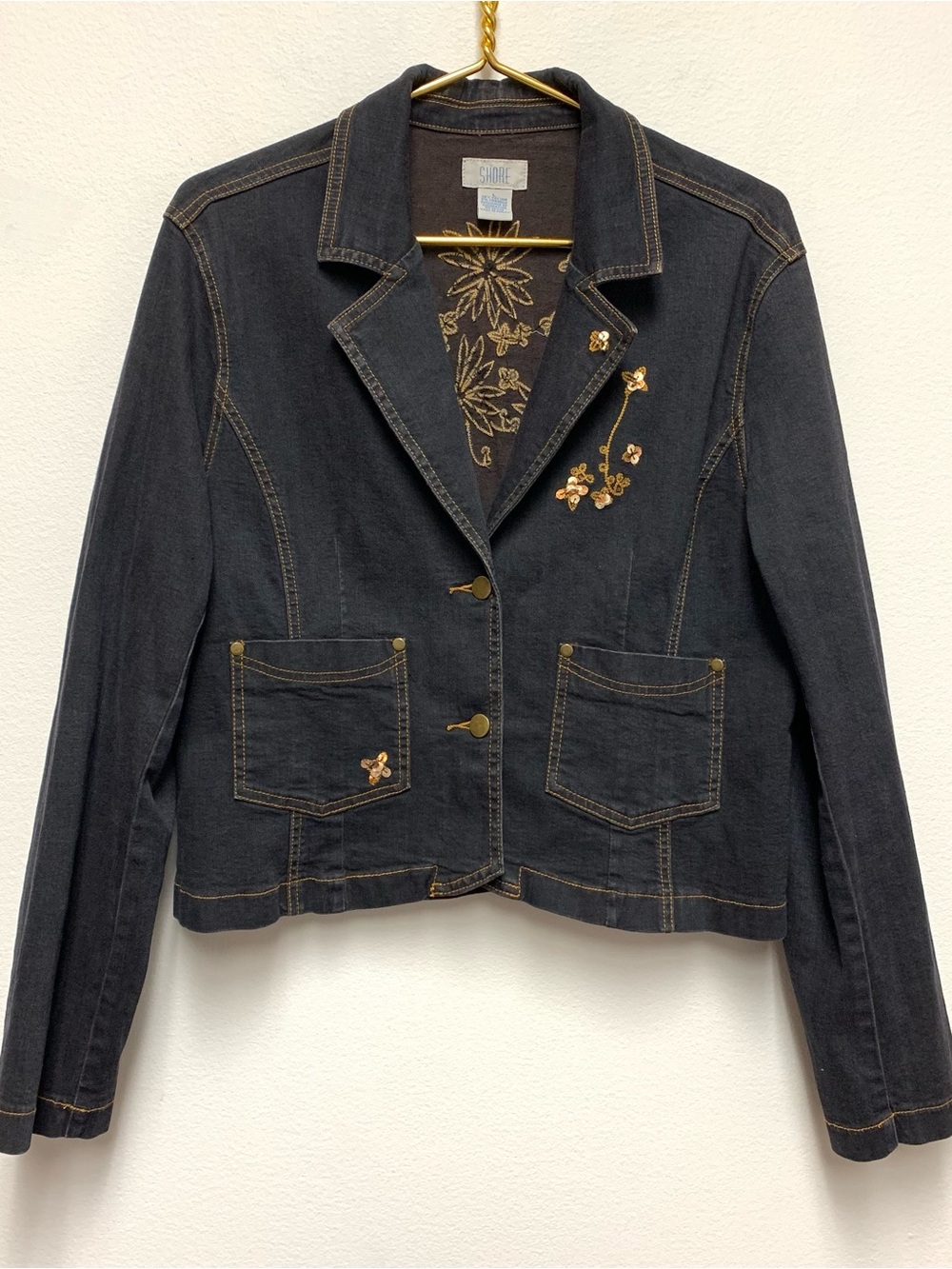 Vintage 90s Y2K Dark Denim Embroidered Sequin Stretch Blazer Jacket Size Large